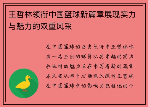 王哲林领衔中国篮球新篇章展现实力与魅力的双重风采
